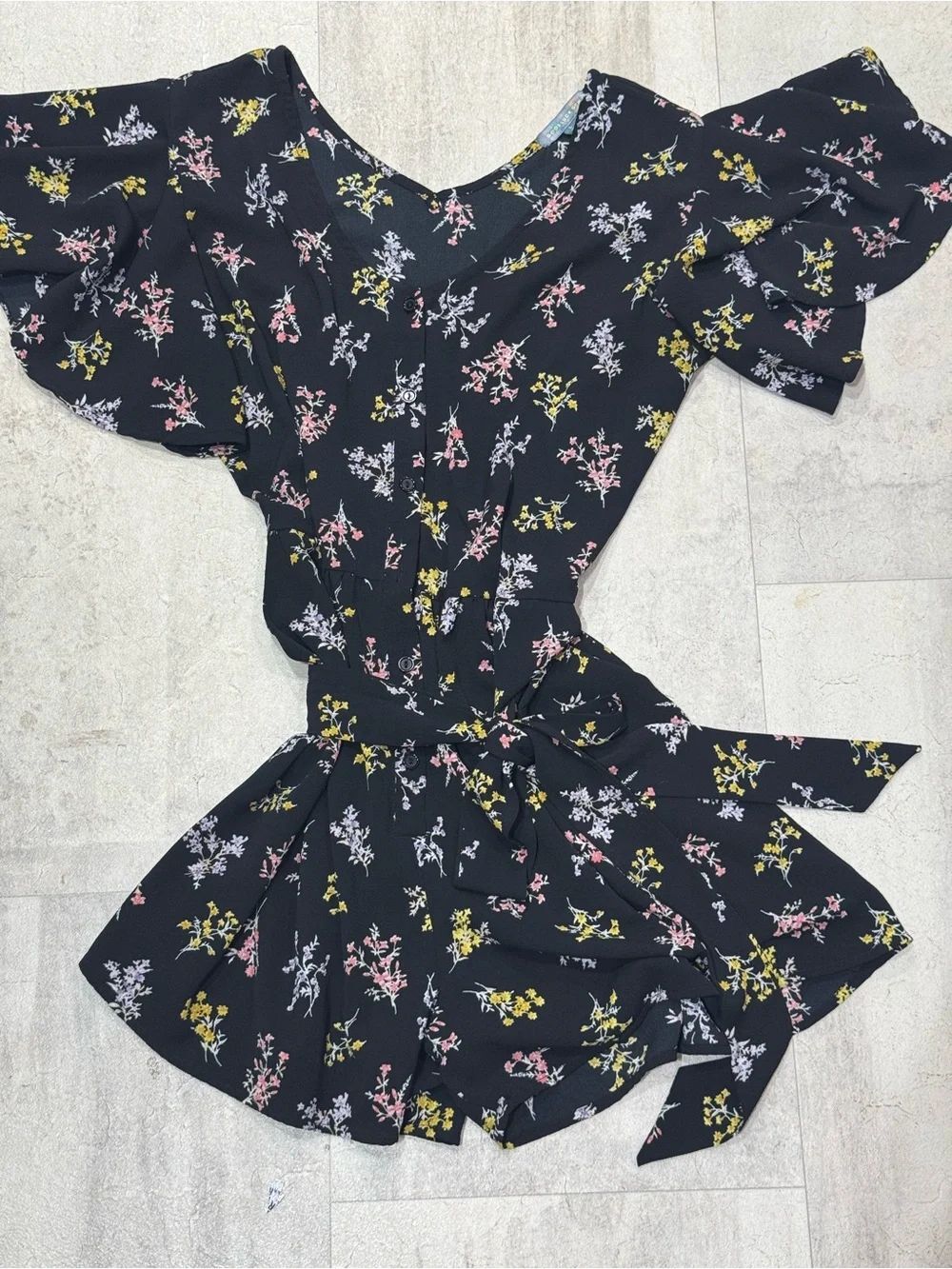 0117 Good Luck Gem Black Floral V-Neck romper with Pink and Yellow Accents - Picture 2 of 6